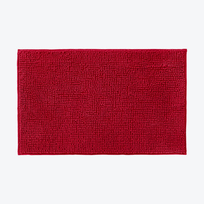 Red chenille bobble bath mat with non slip backing - super soft and plush.
