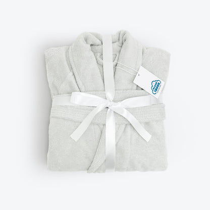 Grey velour dressing gown with terry towelling pile inside.