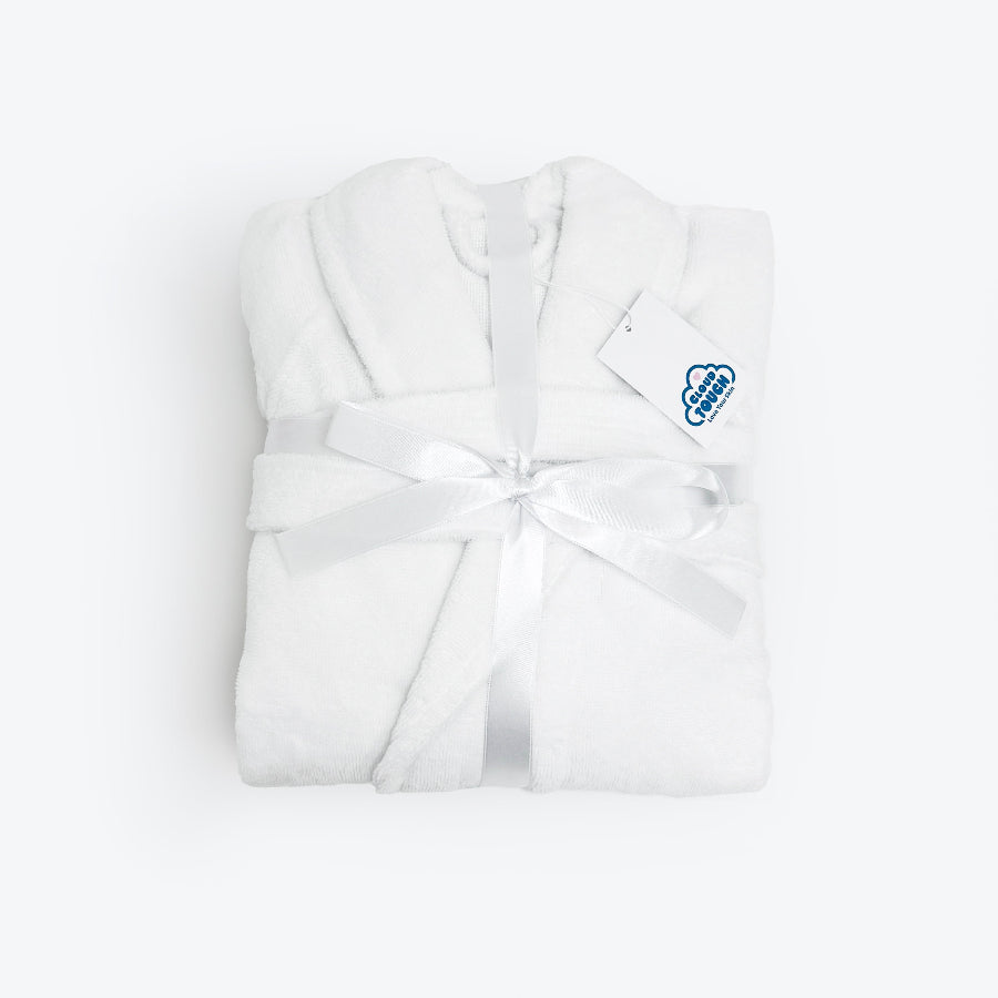 White velour dressing gown with towelling terry cloth inside.