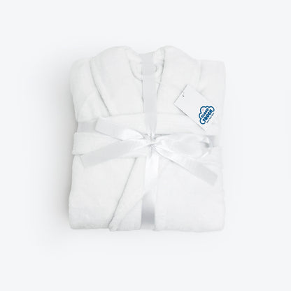 White velour dressing gown with towelling terry cloth inside.