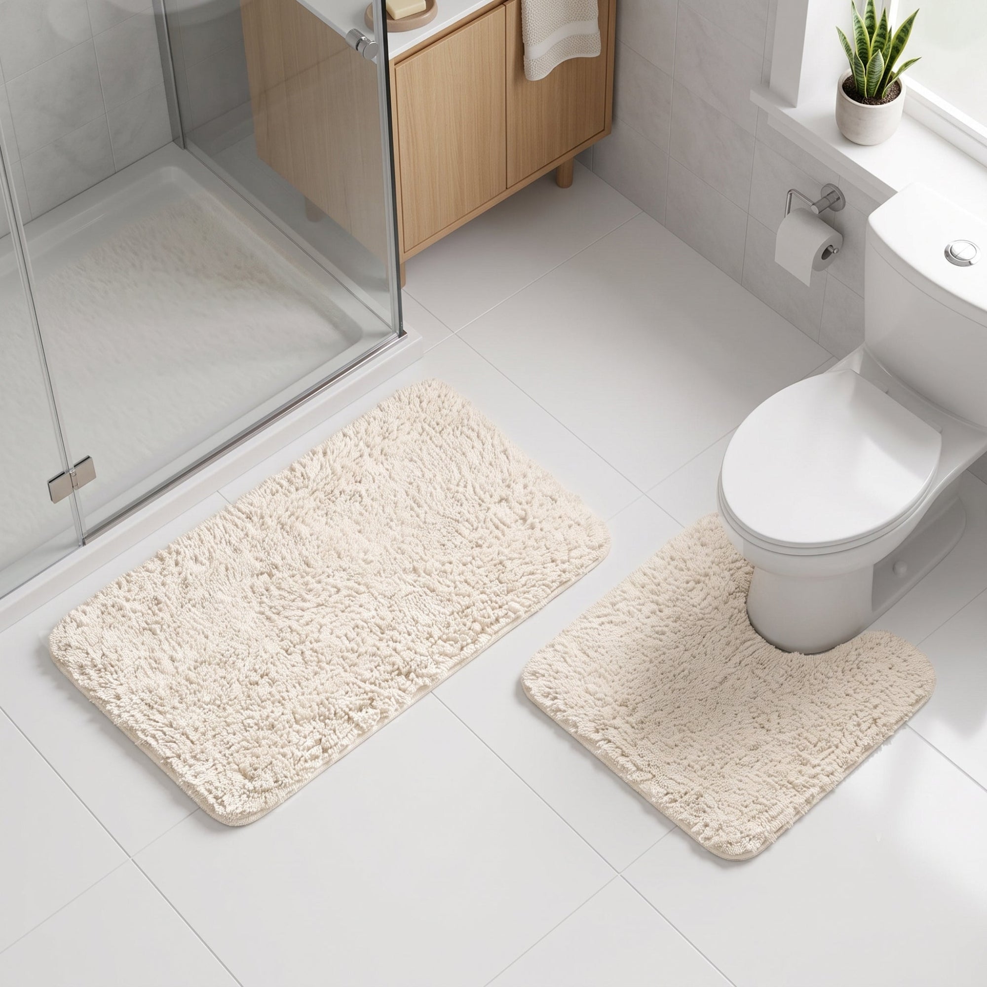 Cream microfibre non slip bathroom rugs, super soft and luxurious.