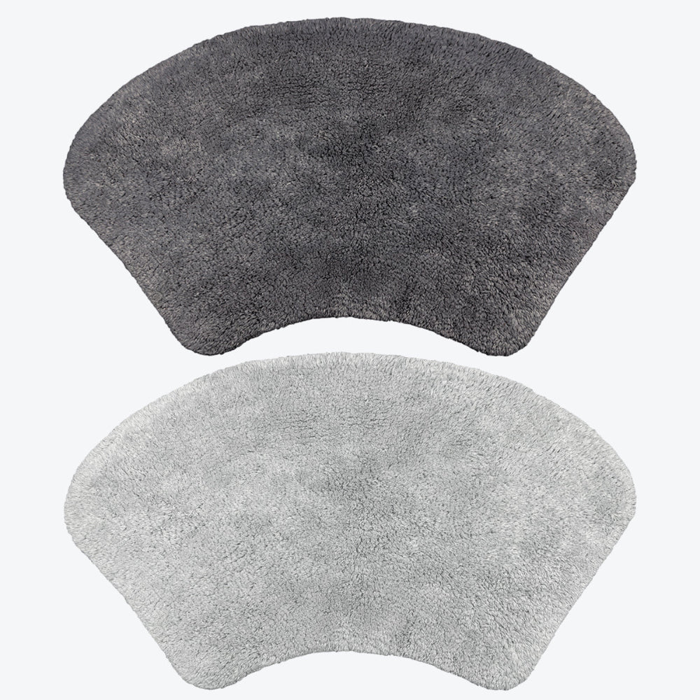Set of two bath mats in curved shape - for shower units. Light grey and charcoal grey rugs for bathroom.