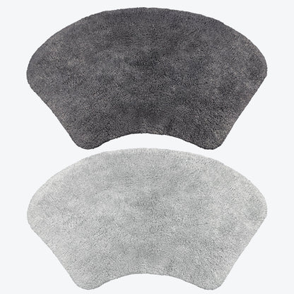 Set of two bath mats in curved shape - for shower units. Light grey and charcoal grey rugs for bathroom.