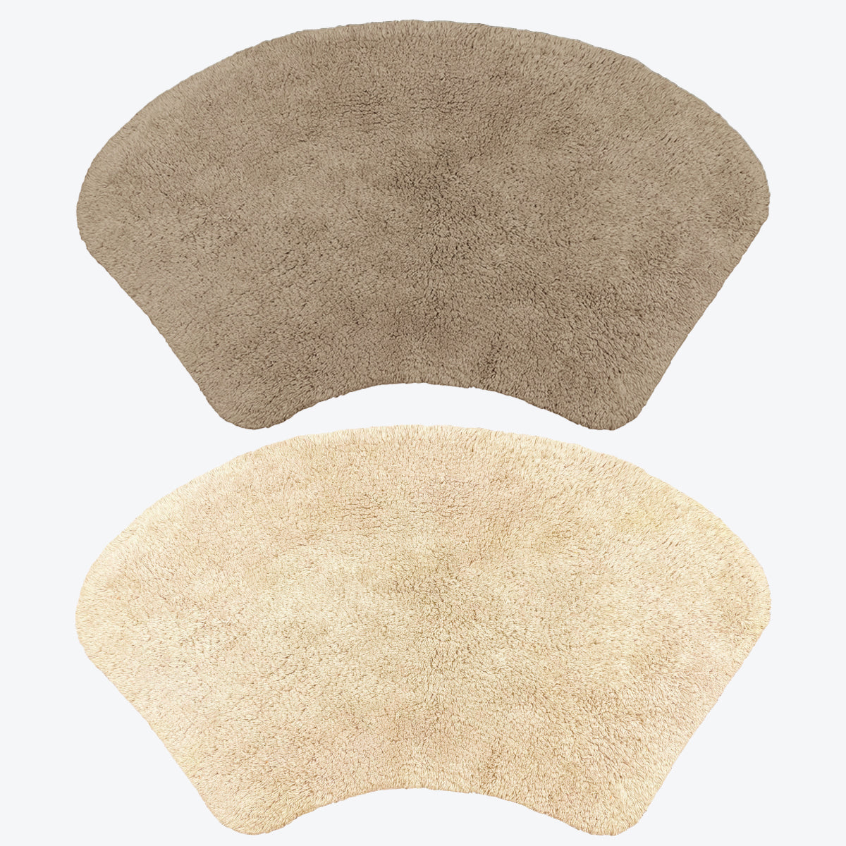 Set of two bath mats in curved shape - for shower units. Brown and beige rugs for bathroom.