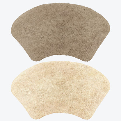 Set of two bath mats in curved shape - for shower units. Brown and beige rugs for bathroom.