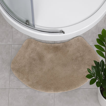 Mocha bath mat in curved shape for round shower units.