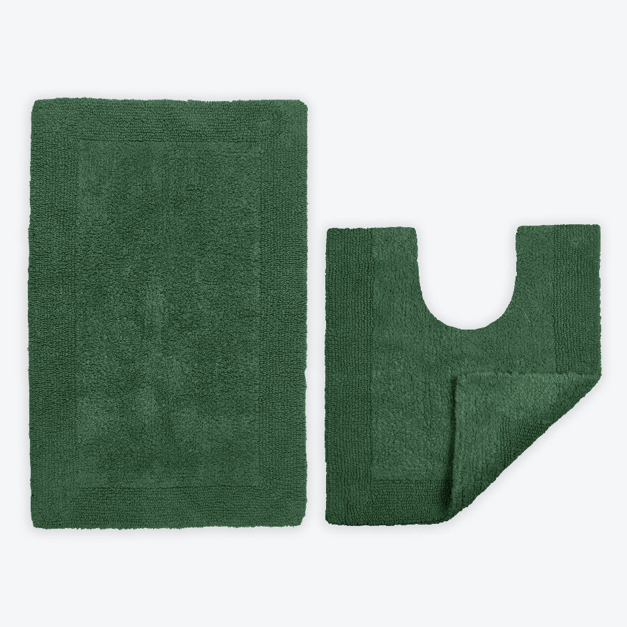 Dark green two piece bath mat and pedestal mat set. 100% cotton rugs for the bathroom.