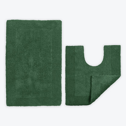 Dark green two piece bath mat and pedestal mat set. 100% cotton rugs for the bathroom.