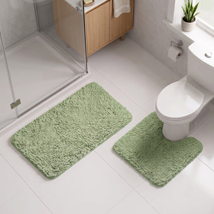 Sage green bath mat and pedestal mat set, super soft bathroom rugs with non slip backing.