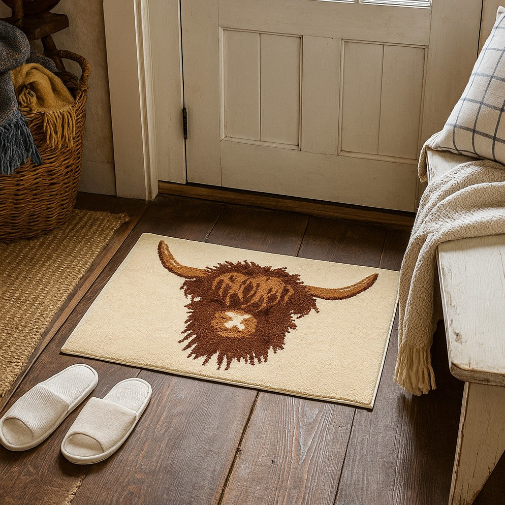 Cute hairy highland cow door mat with non slip backing, easy care and washable - rustic cottage decor.