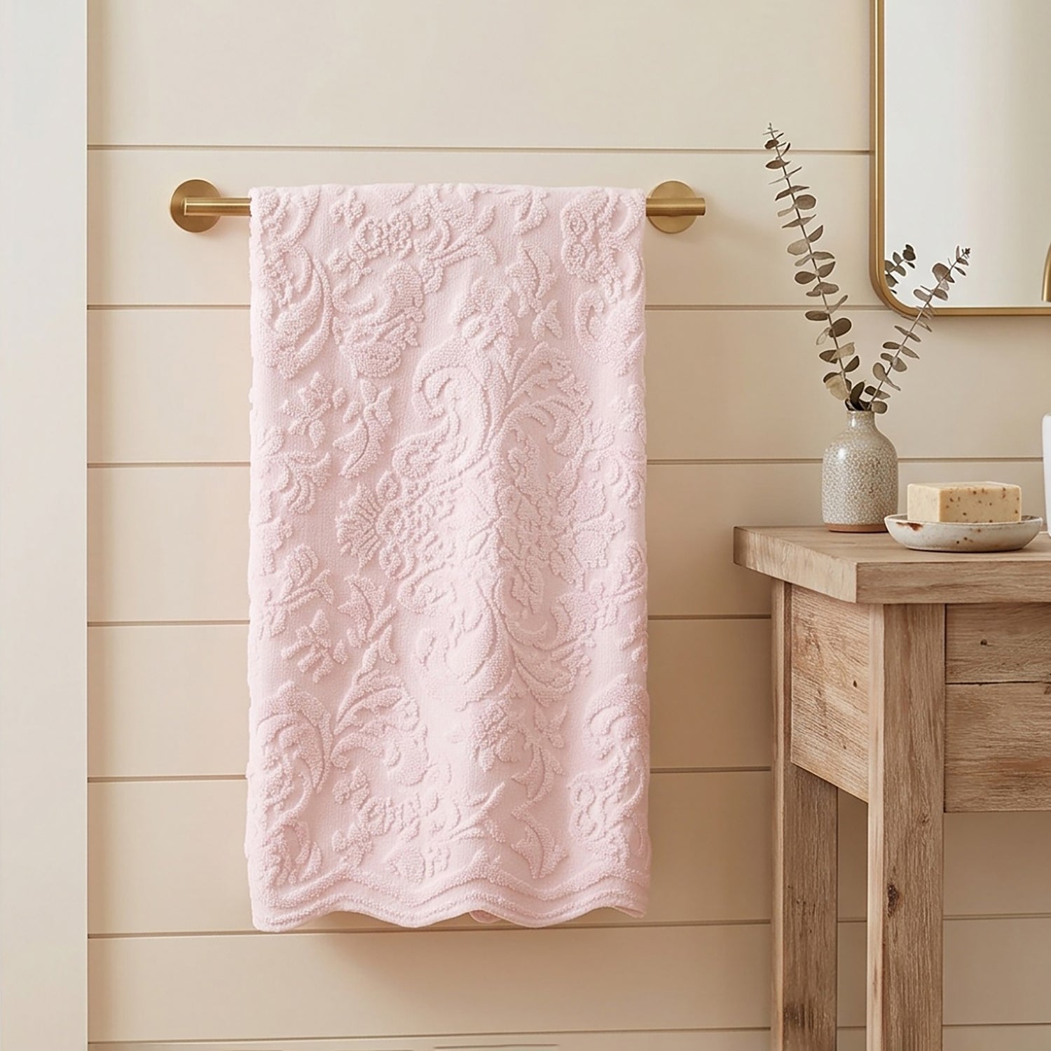 Blush pink floral jacquard towels, 100% cotton.