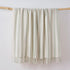 A striped faux mohair throw blanket in sage green and off white hangs from a light wood dowel against a plain white wall.