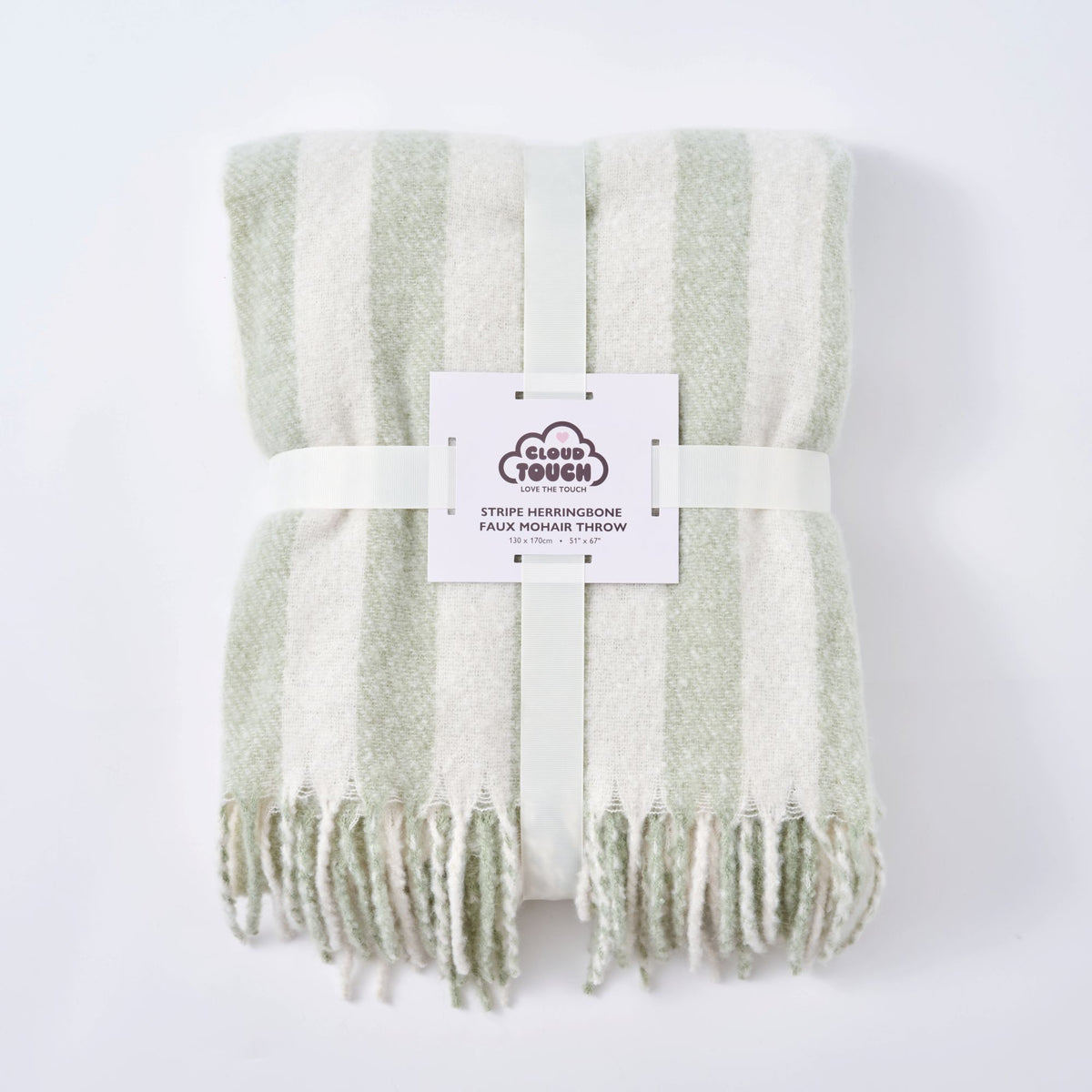 Green and white striped herringbone throw, super soft faux mohair blanket with fringe.