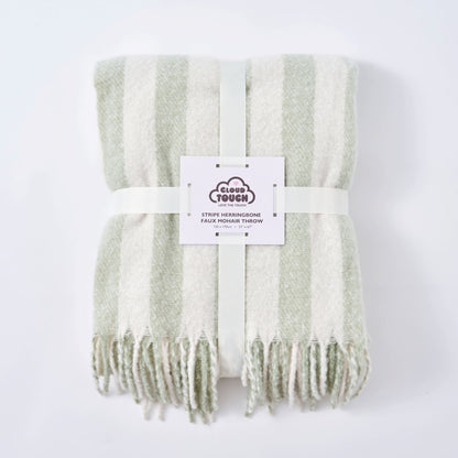 Green and white striped herringbone throw, super soft faux mohair blanket with fringe.
