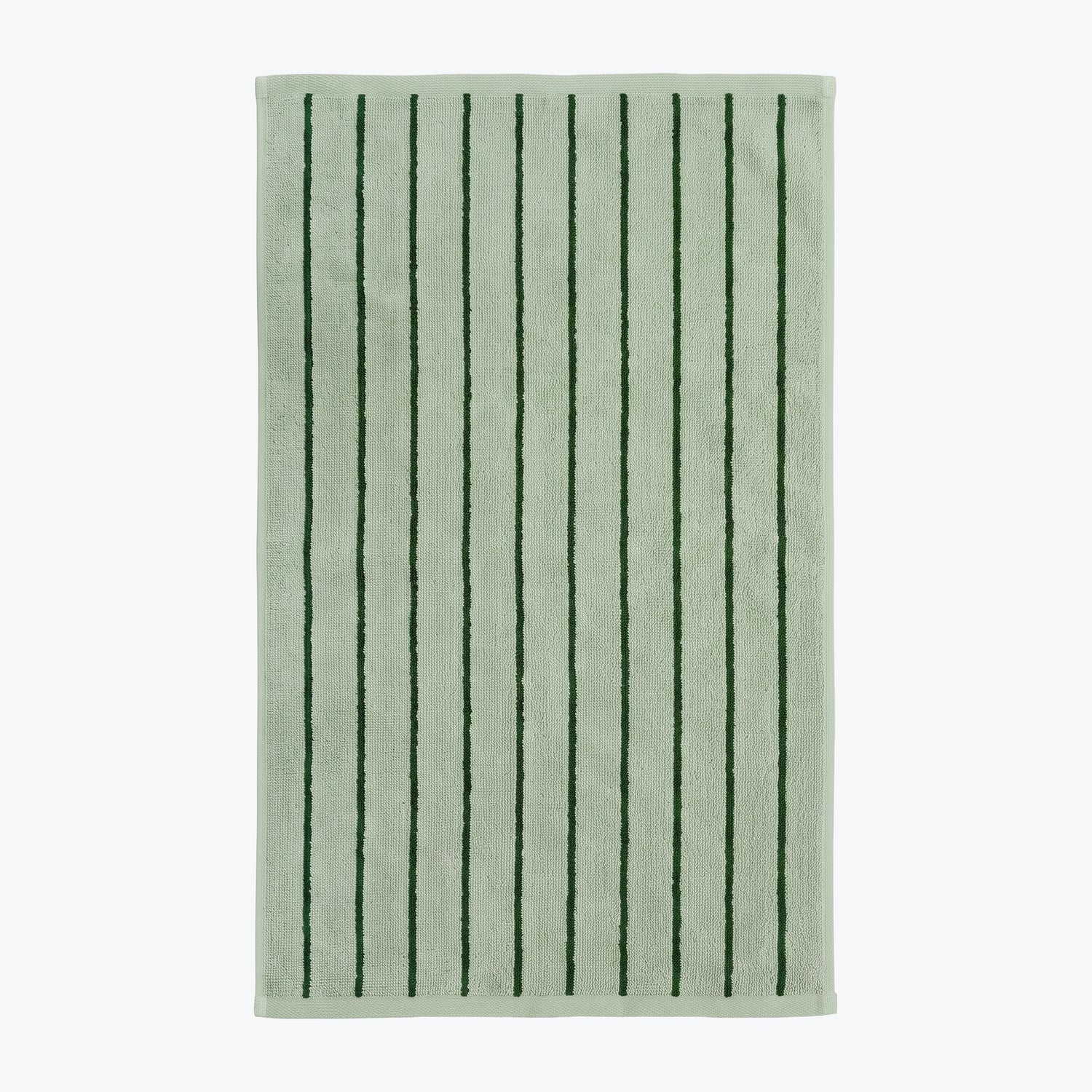 Sage green and dark green striped towels for the bathroom, modern pinstripe design.