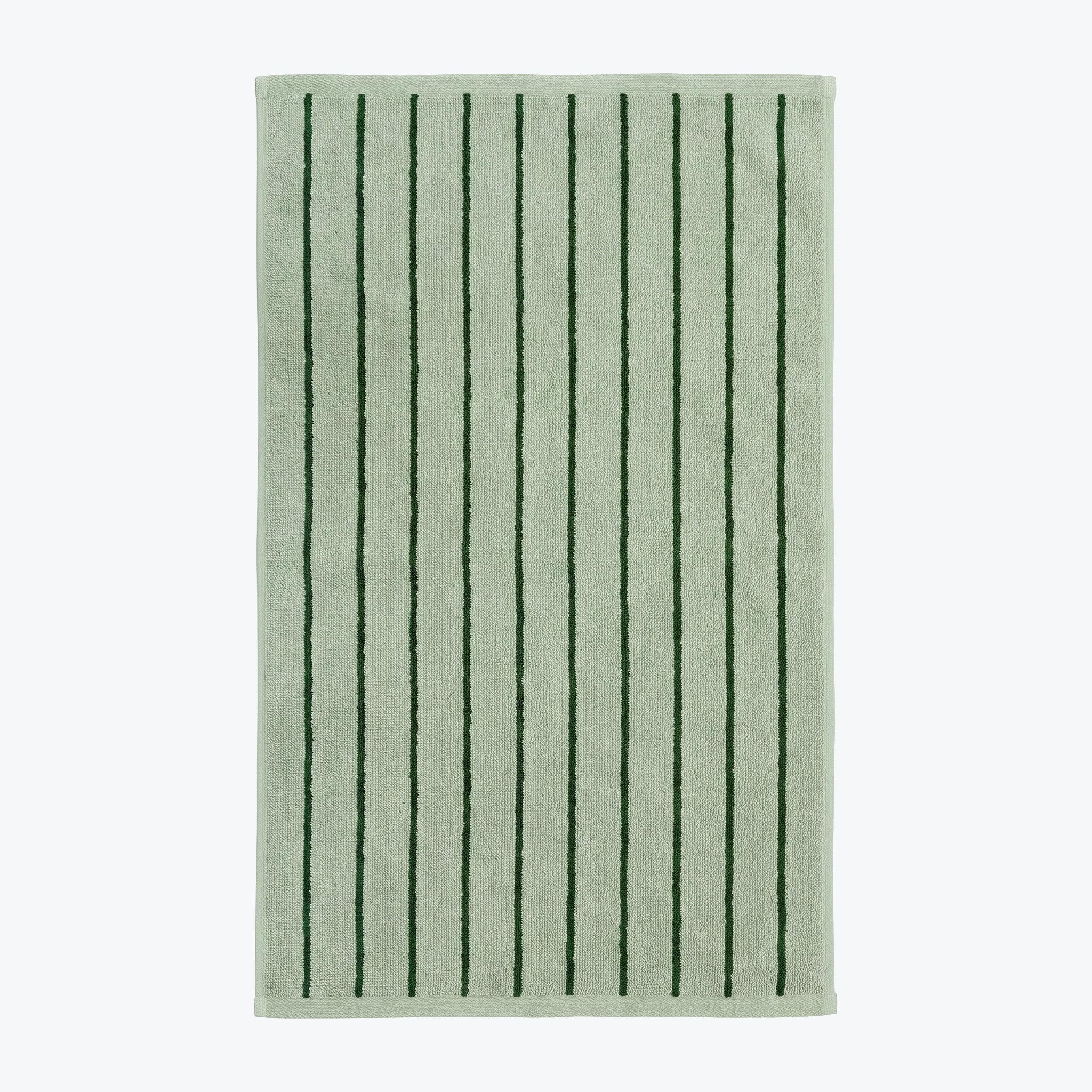 Sage green and dark green striped towels for the bathroom, modern pinstripe design.