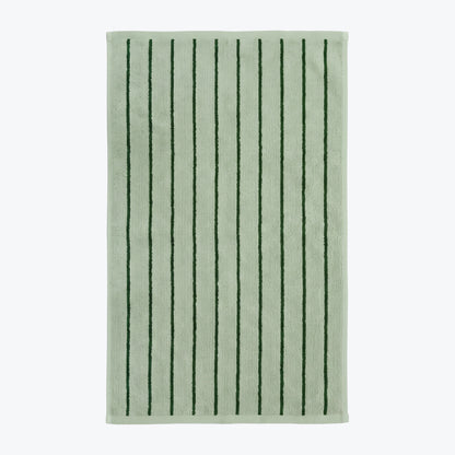 Sage green and dark green striped towels for the bathroom, modern pinstripe design.