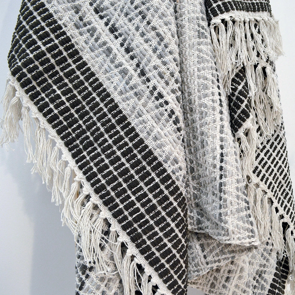 Grey fringed throw, heavyweight chevron designer blanket