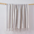 Grey and white striped throw blanket with tassels. Super soft faux mohair material.