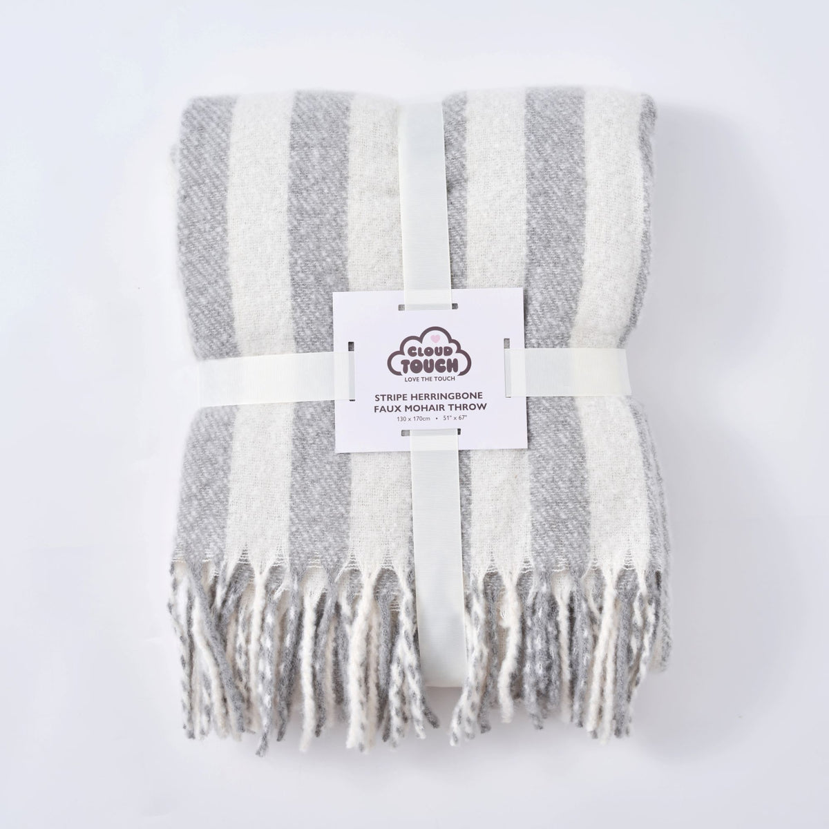 A folded grey striped throw blanket, perfect housewarming gift for a cosy monochrome home.