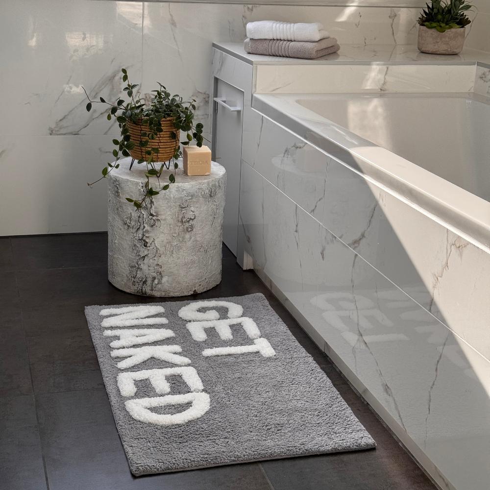 grey and white get naked bath mat, super soft hand tufted rug