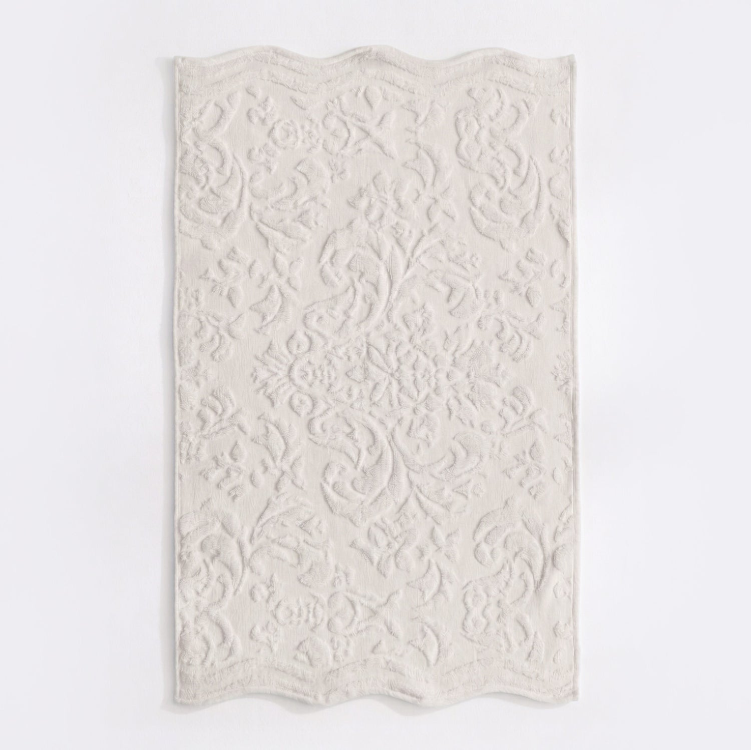 Grey scalloped bathroom towels in textured floral jacquard design - 100% cotton towels.