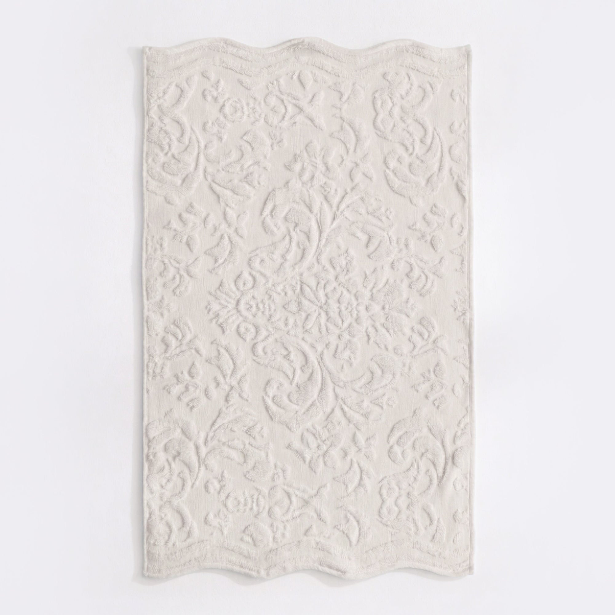 Grey scalloped bathroom towels in textured floral jacquard design - 100% cotton towels.