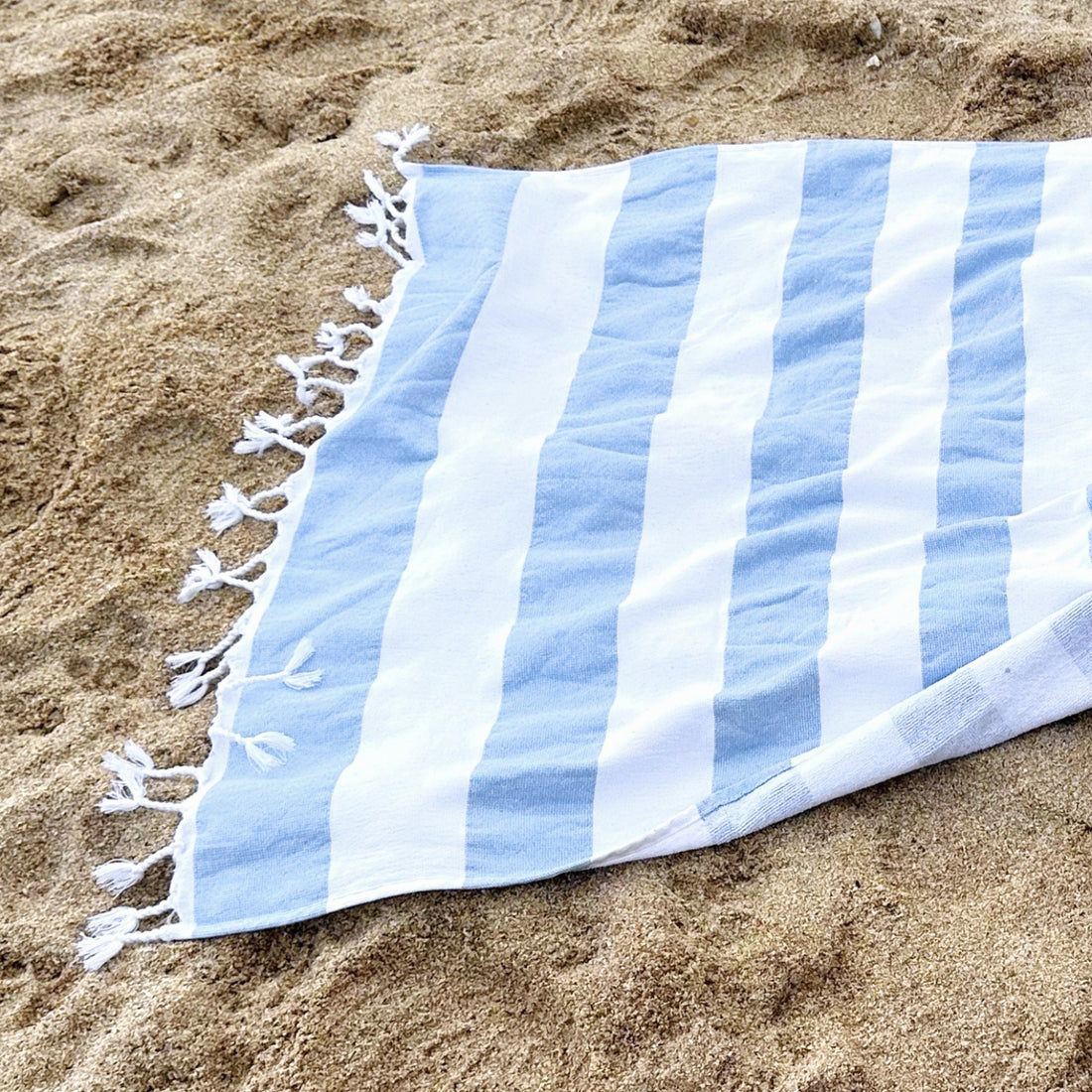 Striped Turkish Hammam Towel, baby blue beach towel with tasselled fringe