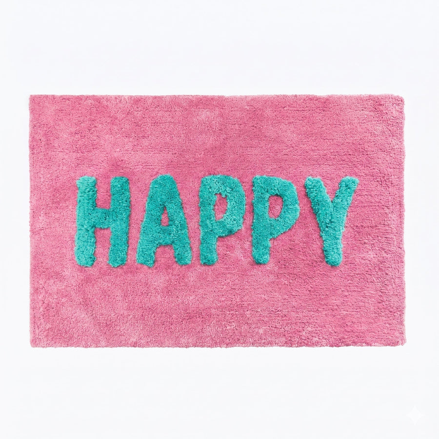Pink statement, fun bath mat with happy slogan.