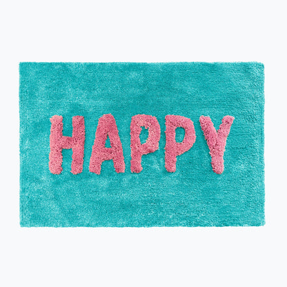 Turquoise statement bath mat with happy slogan text - fun bathroom decor.