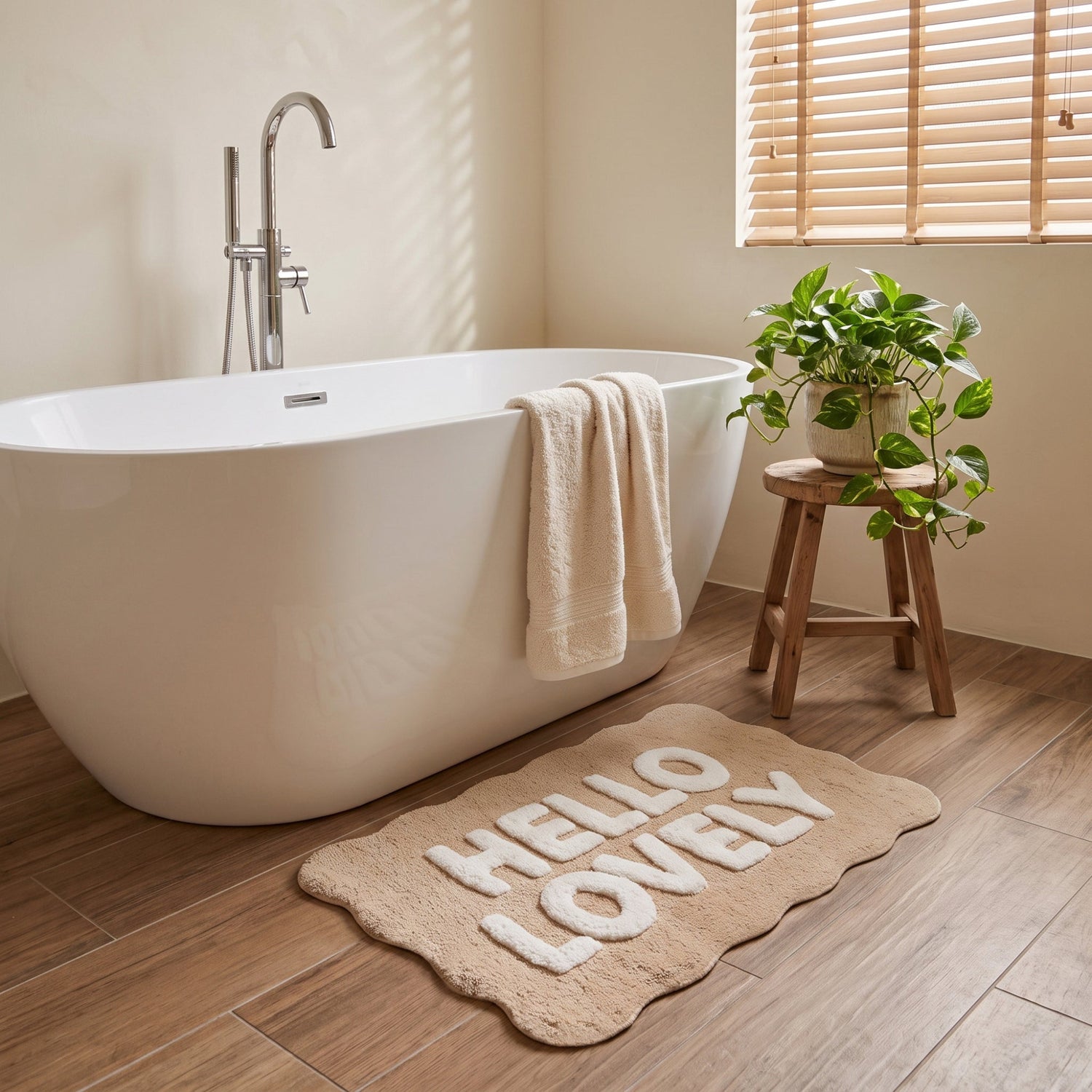 Beige slogan bathroom mat with scalloped edges - fun hello lovely slogan.