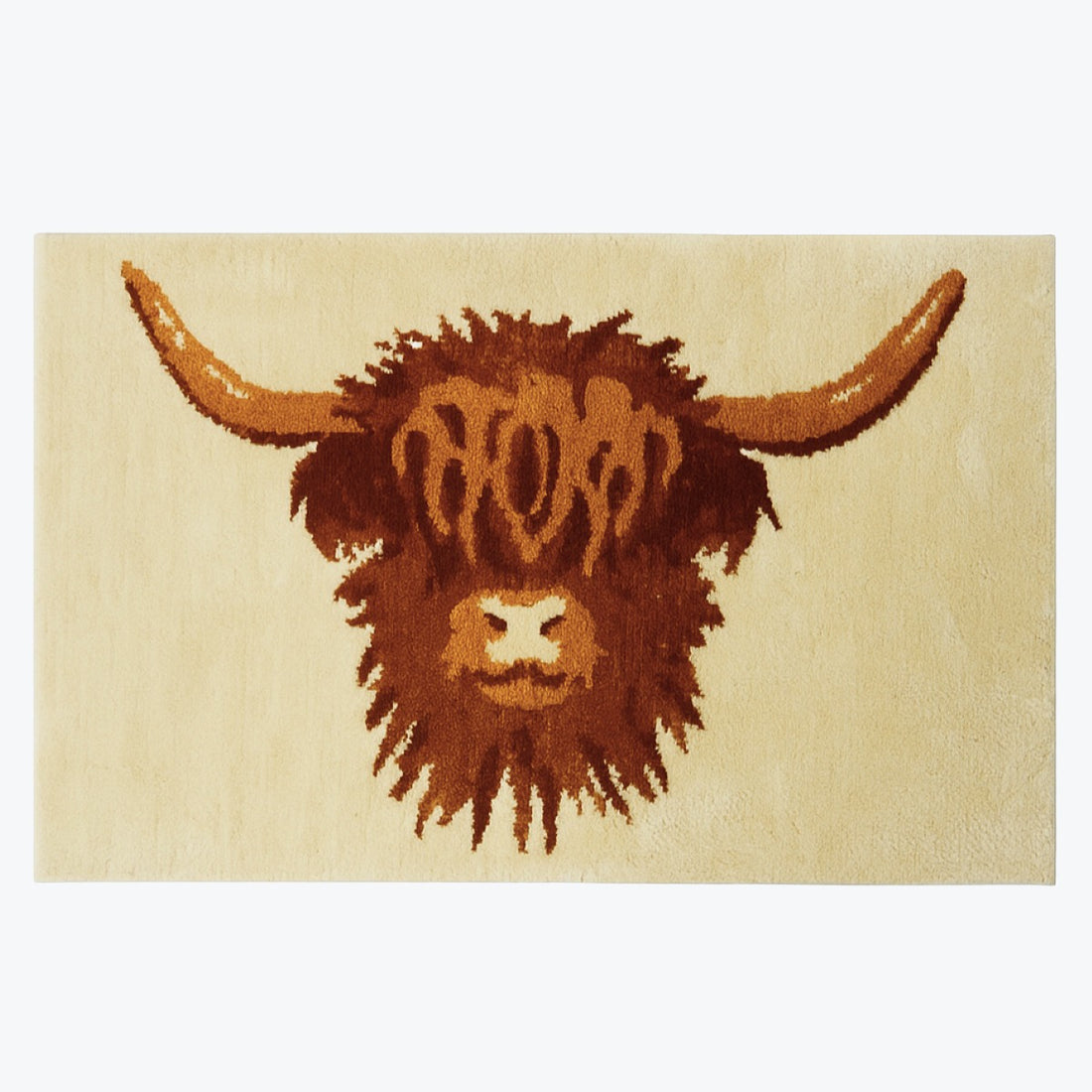 Cream Highland Cow bath mat, cute country cottage design washable rug.