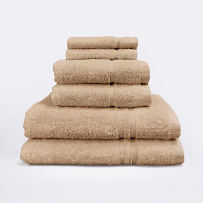 Beige set of 6 towels for the bathroom, face cloths, hand towels and bath sheet - bathroom essentials bundle.