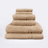 Beige set of 6 towels for the bathroom, face cloths, hand towels and bath sheet - bathroom essentials bundle.