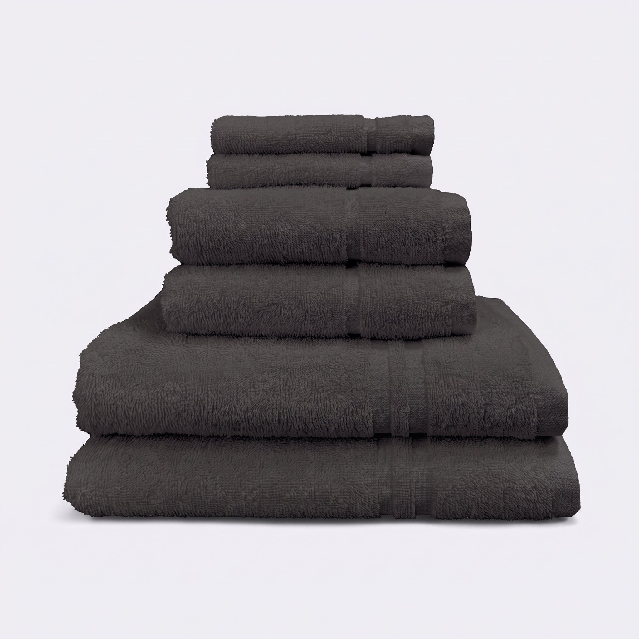 Charcoal set of 6 towels for the bathroom, face cloths, hand towels and bath sheet - bathroom essentials bundle.