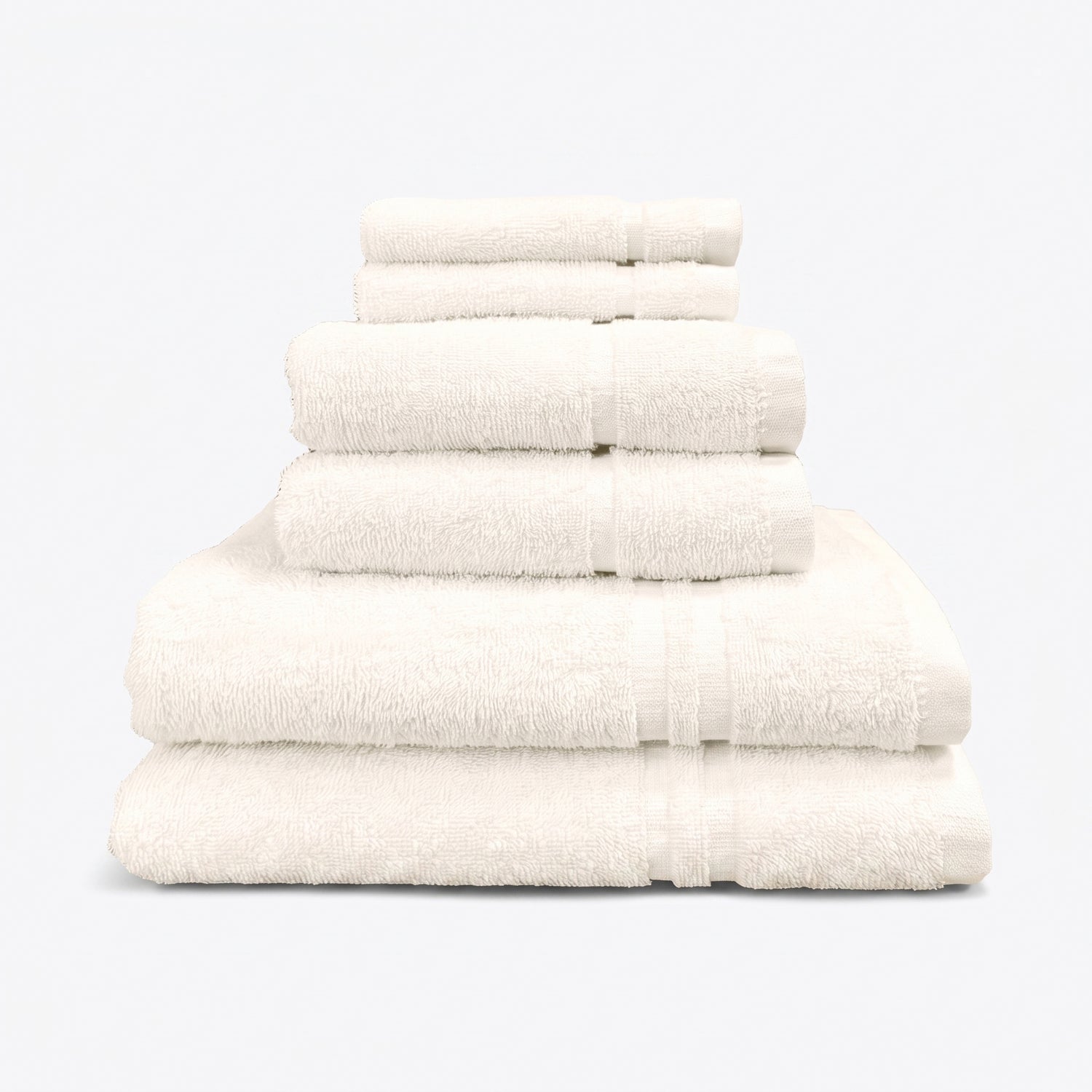 Cream set of 6 towels for the bathroom, face cloths, hand towels and bath sheet - bathroom essentials bundle.