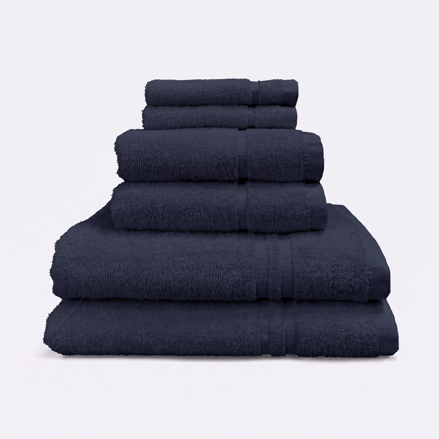 Navy blue set of 6 towels for the bathroom, face cloths, hand towels and bath sheet - bathroom essentials bundle.