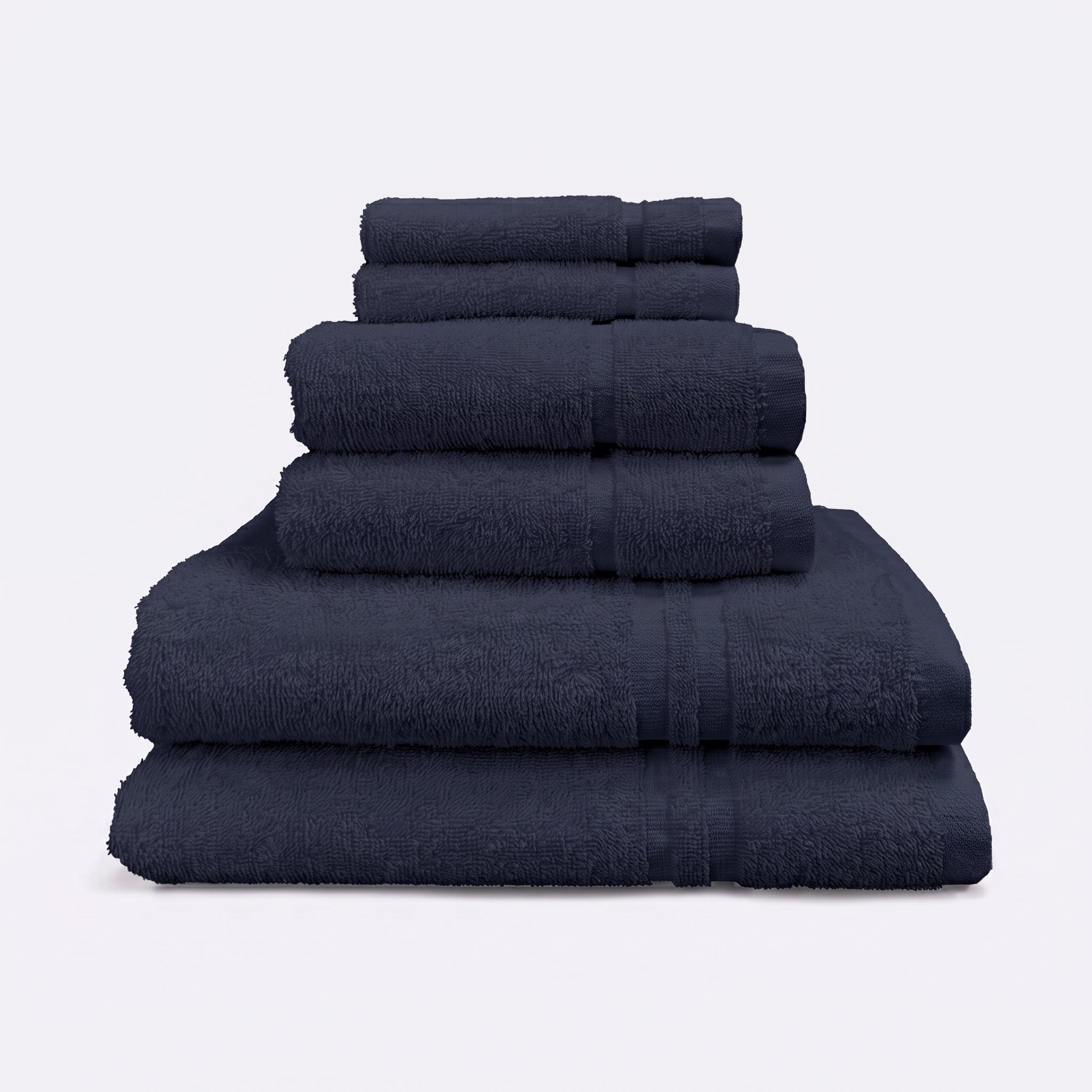 Navy blue set of 6 towels for the bathroom, face cloths, hand towels and bath sheet - bathroom essentials bundle.