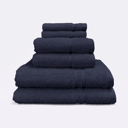 Navy blue set of 6 towels for the bathroom, face cloths, hand towels and bath sheet - bathroom essentials bundle.