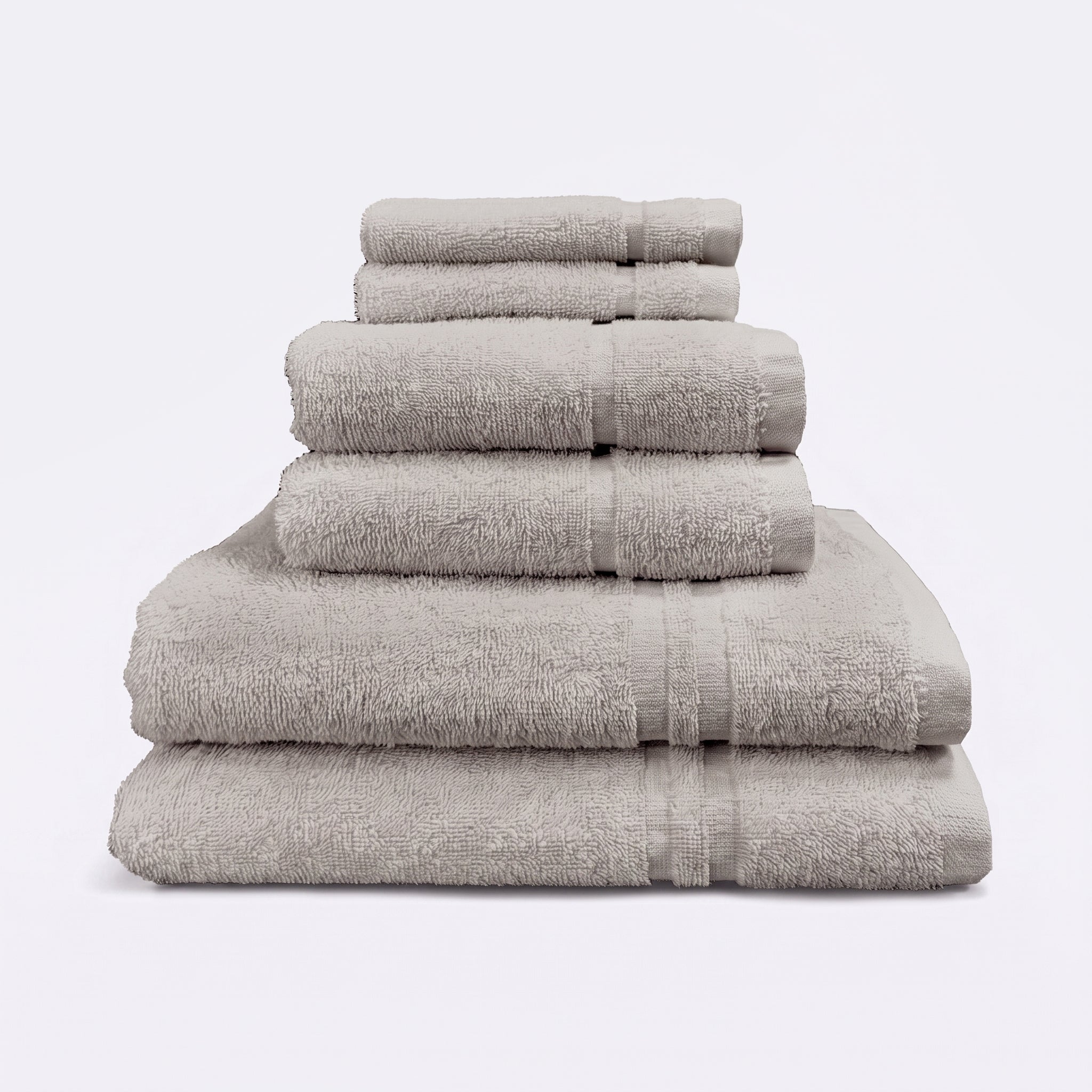 Silver grey set of 6 towels for the bathroom, face cloths, hand towels and bath sheet - bathroom essentials bundle.