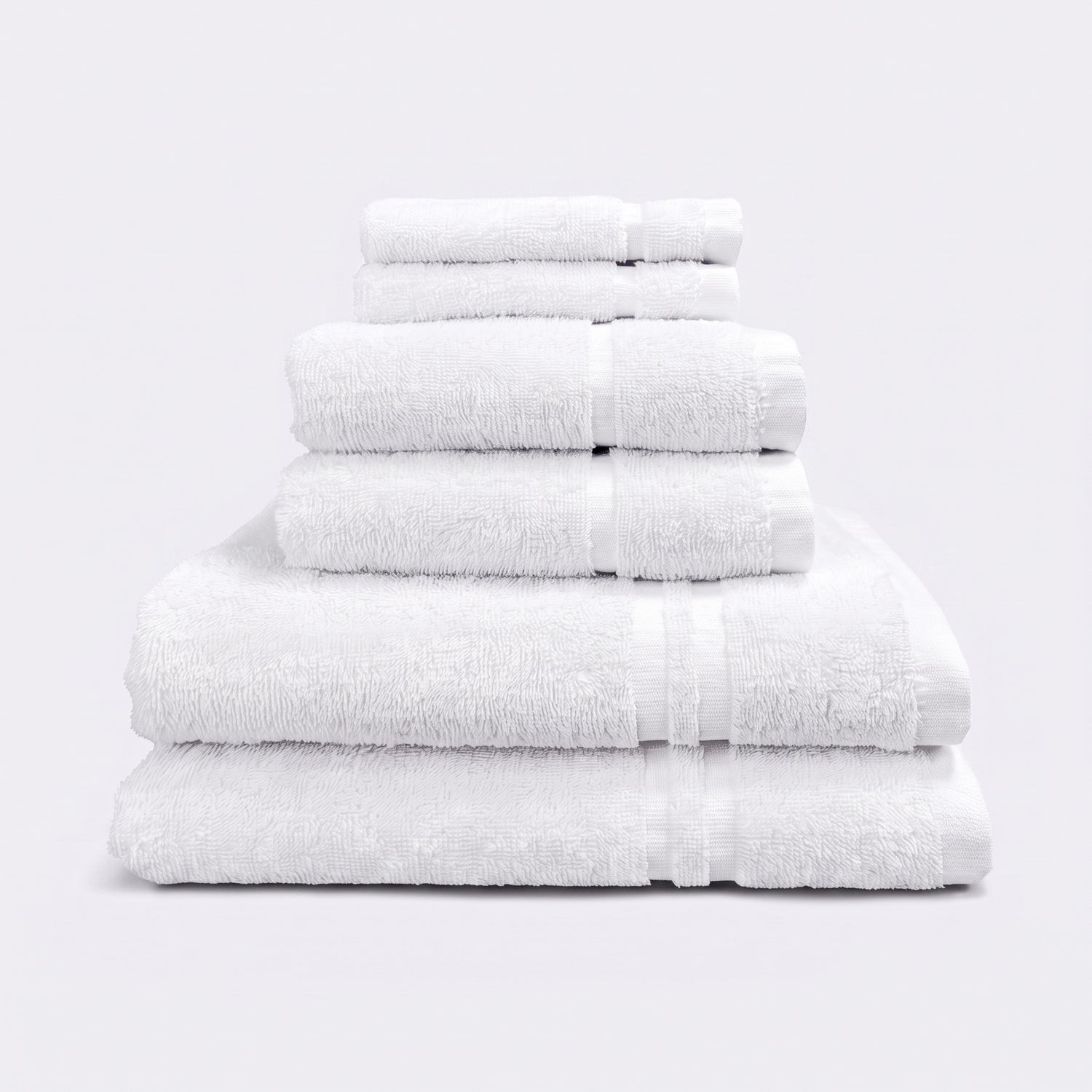 White set of 6 towels for the bathroom, face cloths, hand towels and bath sheet - bathroom essentials bundle.