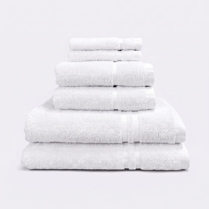 White set of 6 towels for the bathroom, face cloths, hand towels and bath sheet - bathroom essentials bundle.
