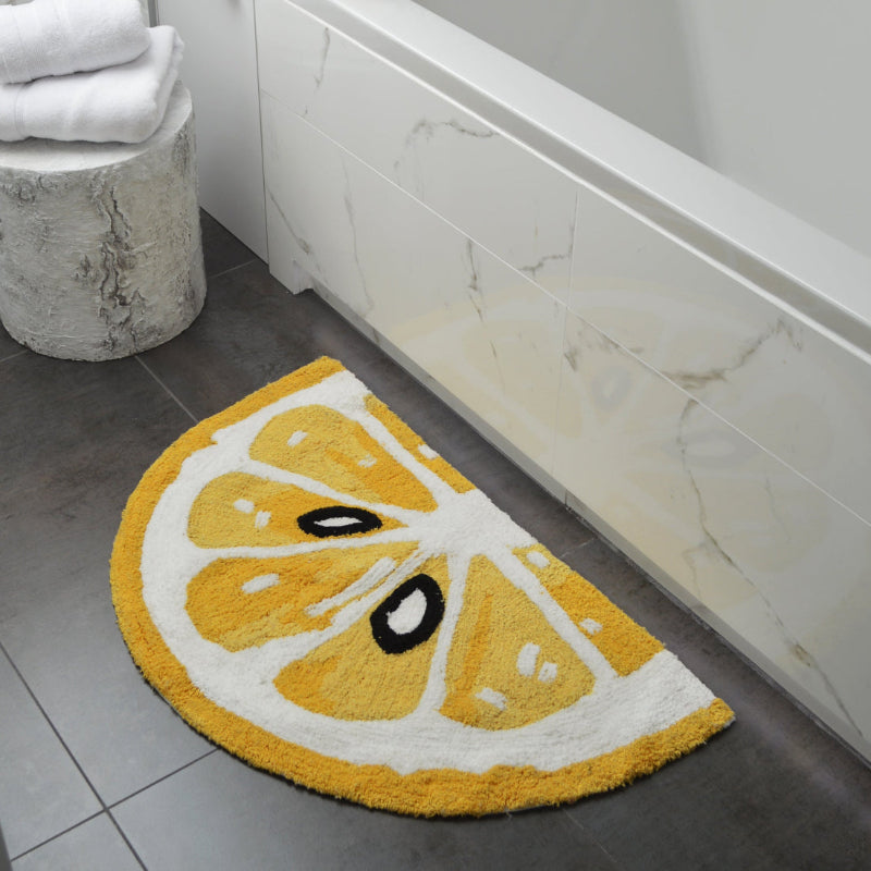 Fun lemon rug, yellow. Shaped Semi Circle bath mat for the bathroom or en suite decor.