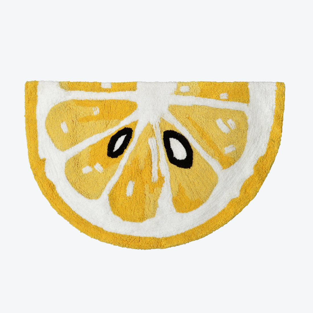 Hand tufted lemon bath mat, novelty fruit decor. Half circle bath mat.