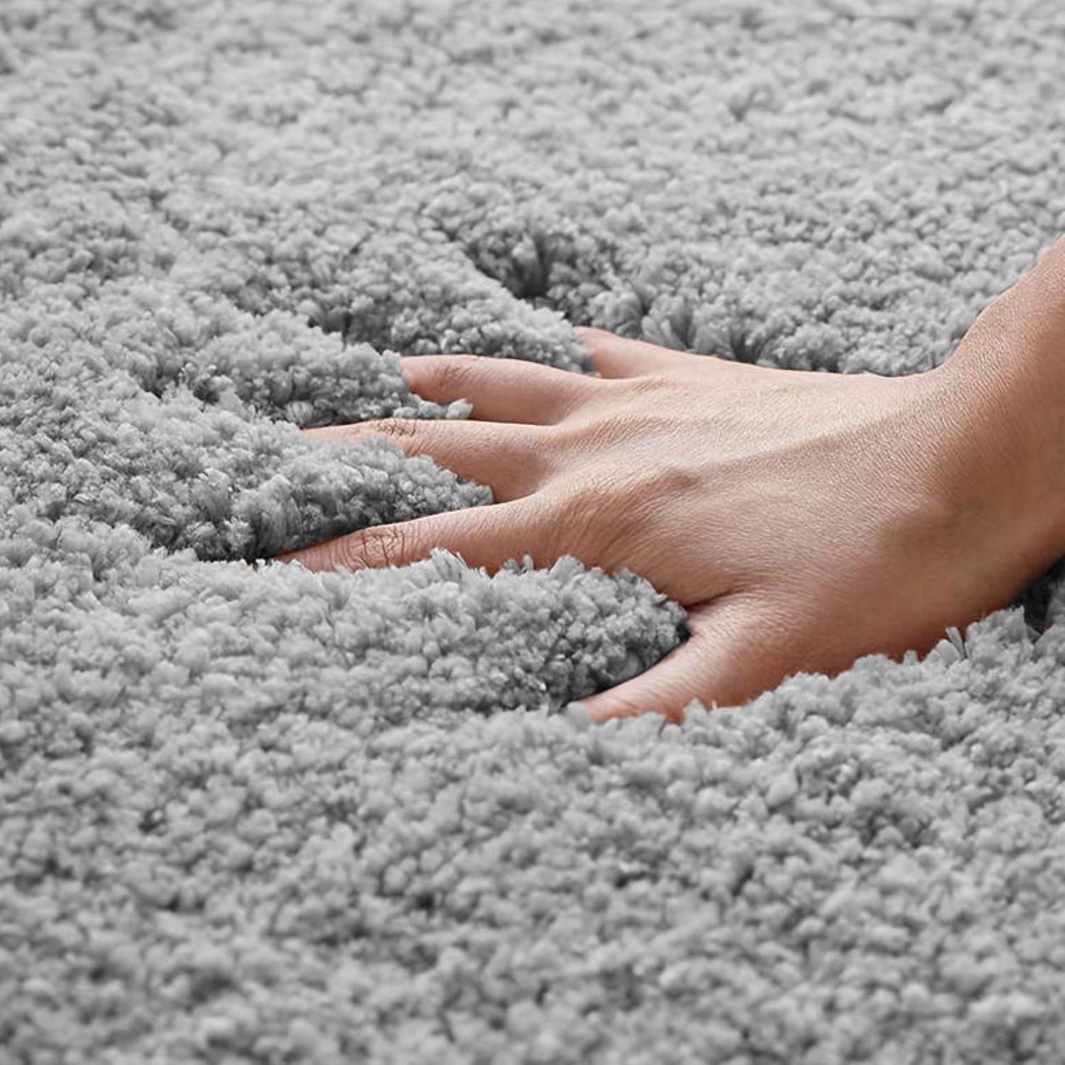 Dove grey deep pile pedestal mat with non slip backing.