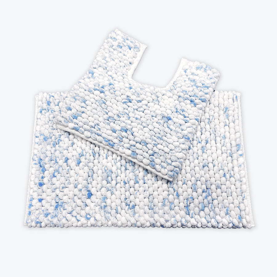 White and blue bathroom mats set - 2pc bath mat and pedestal mat.