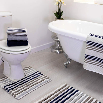 Navy blue co-ordinated bathroom mats