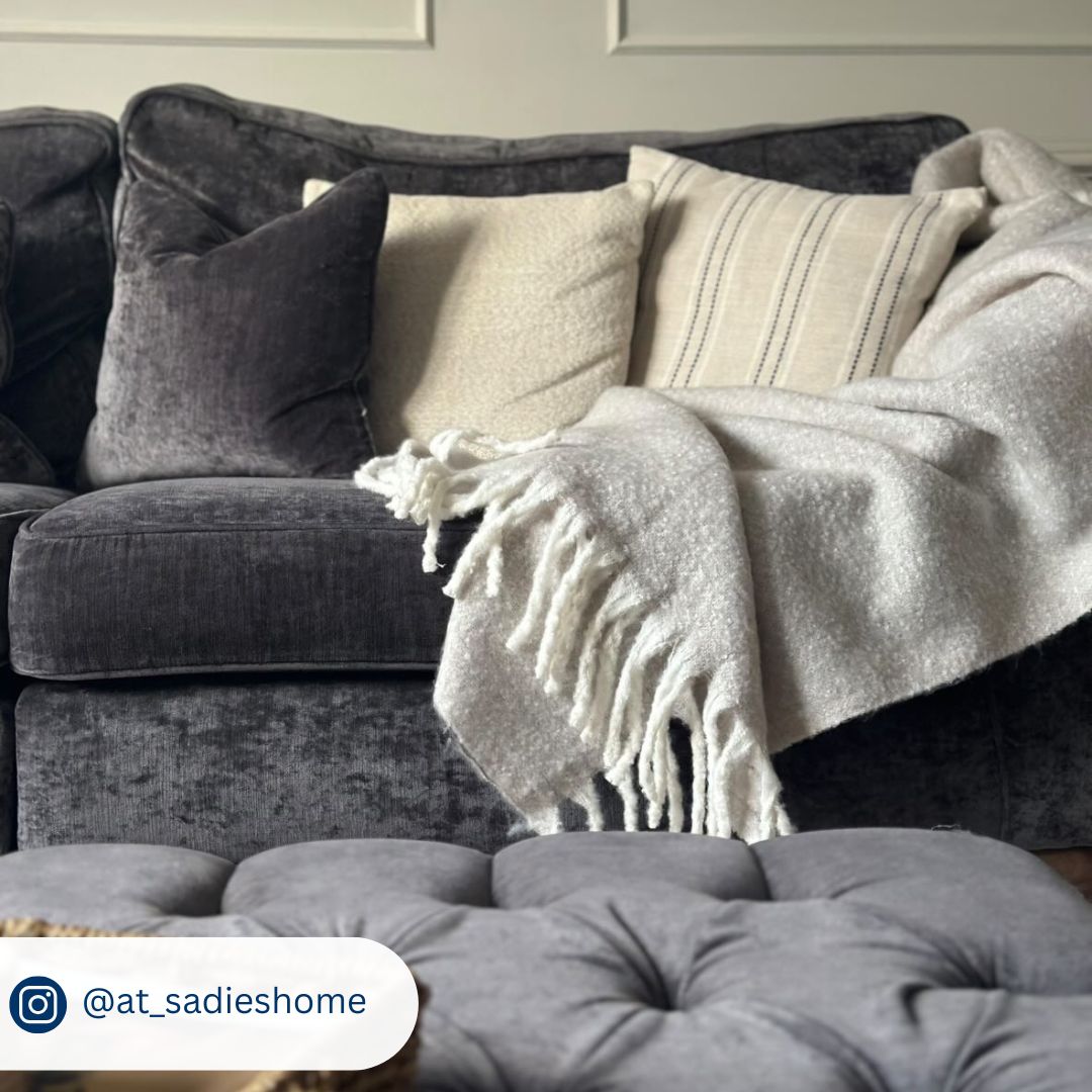 Greige blanket mohair style - super soft sofa throw with tassels. 