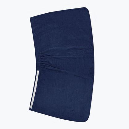 Navy blue bath towel wrap around with velcro fastening.