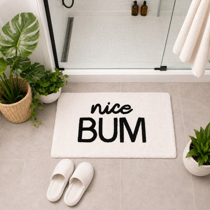 Fun slogan bath mat with nice bum text - white and black.